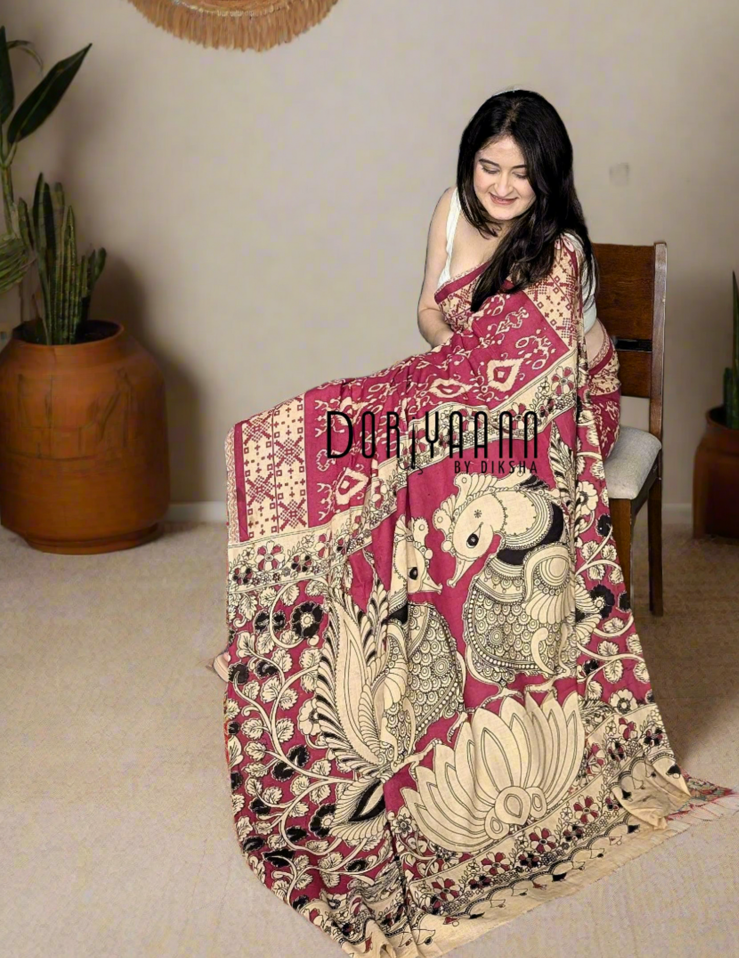 Handcrafted Vegetable-Dyed Cotton Kalamkari Saree