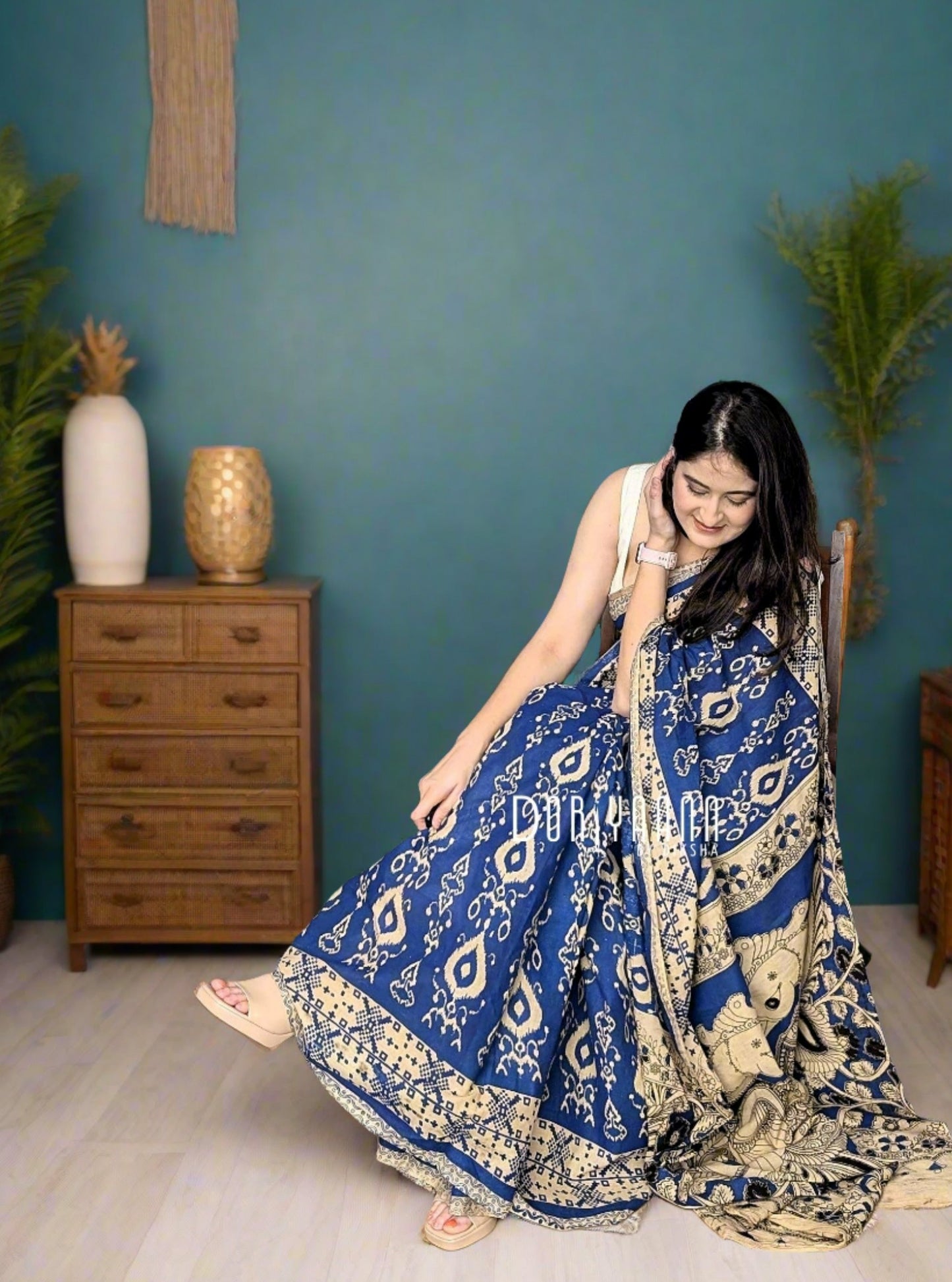 Handcrafted Vegetable-Dyed Cotton Kalamkari Saree