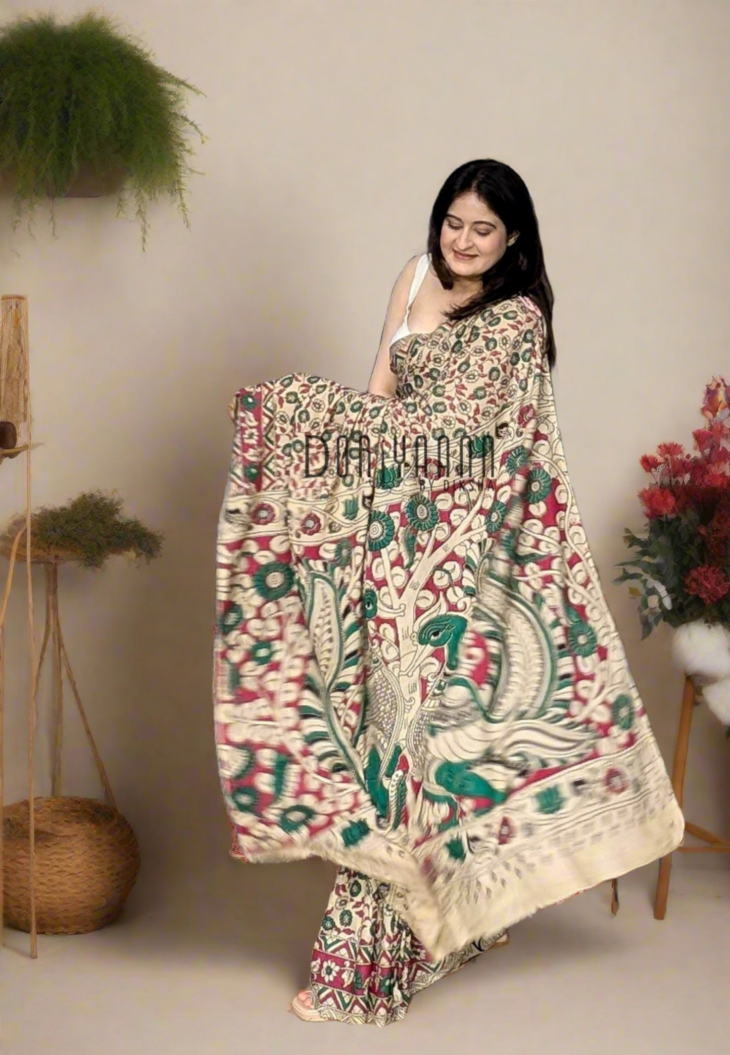 Handcrafted Vegetable-Dyed Cotton Kalamkari Saree