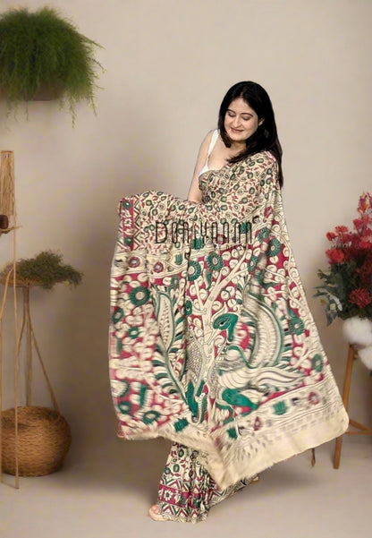 Handcrafted Vegetable-Dyed Cotton Kalamkari Saree