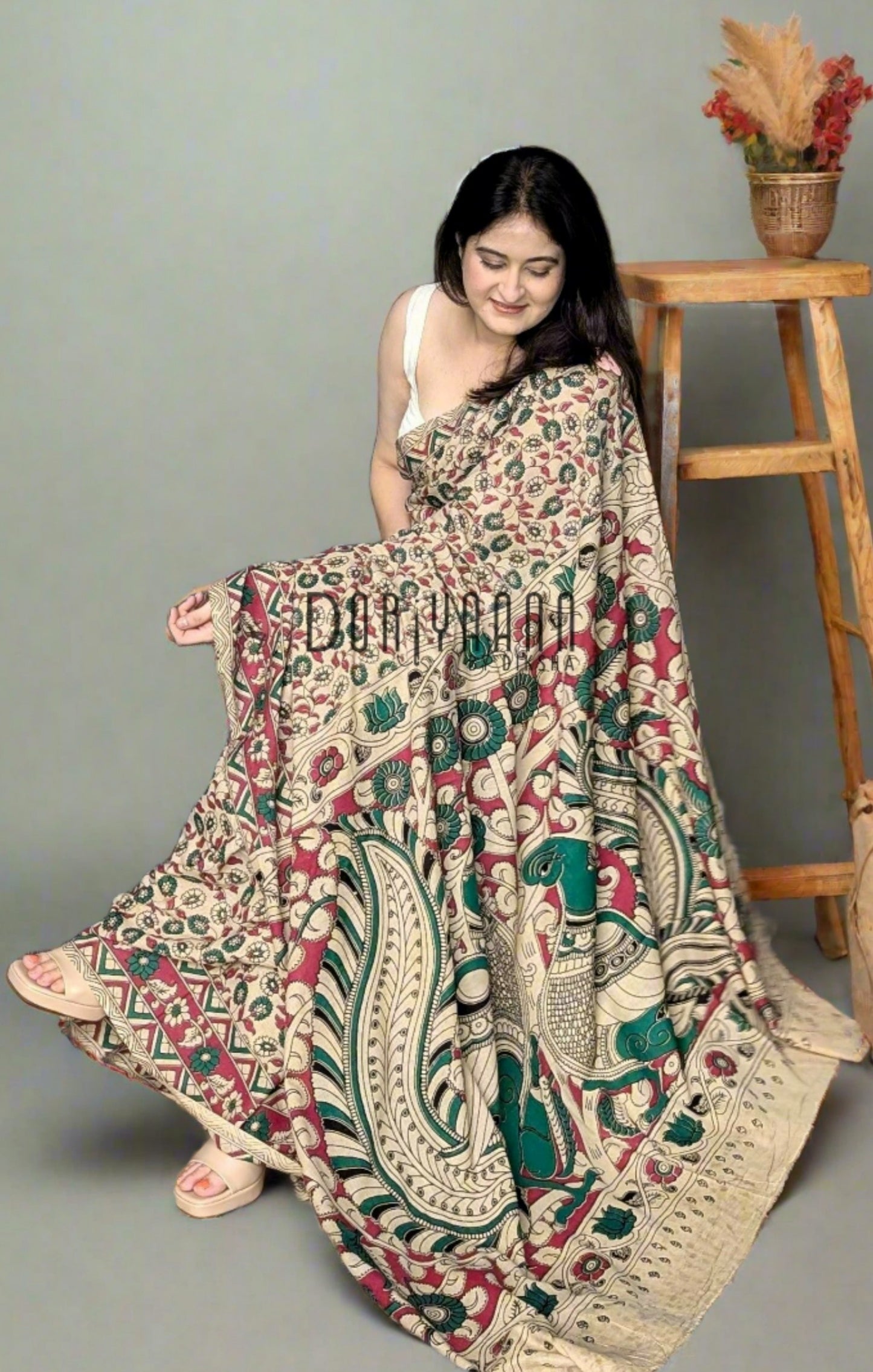 Handcrafted Vegetable-Dyed Cotton Kalamkari Saree