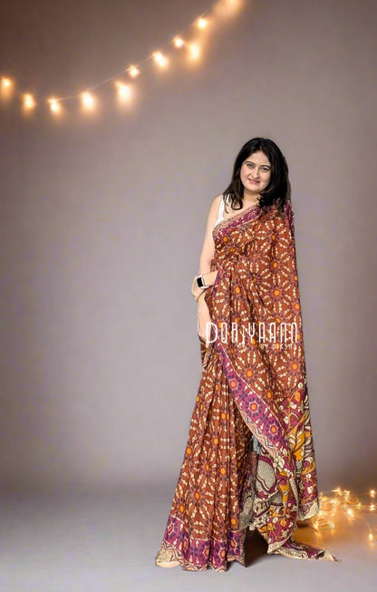 Handcrafted Vegetable-Dyed Cotton Kalamkari Saree