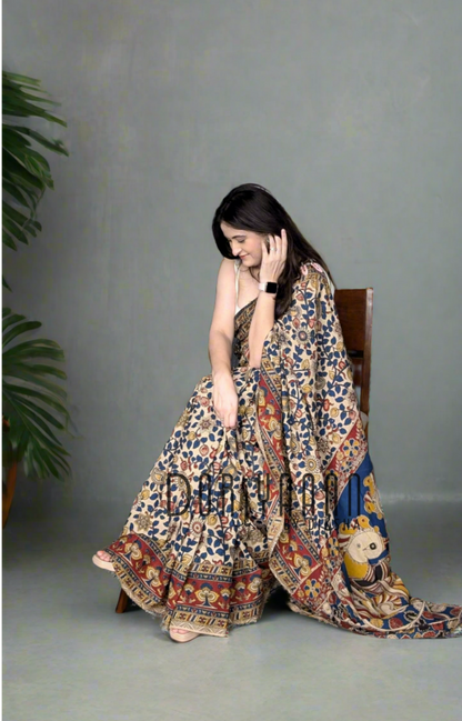 Handcrafted Vegetable-Dyed Cotton Kalamkari Saree