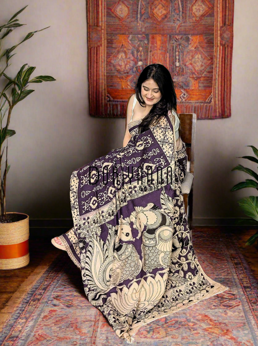 Handcrafted Vegetable-Dyed Cotton Kalamkari Saree